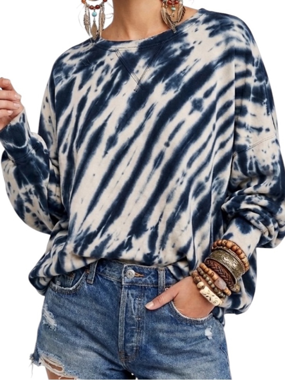 Young Fabulous & Broke Indigo Tie Dye Dolman Sleeve French Terry Sweatshirt L